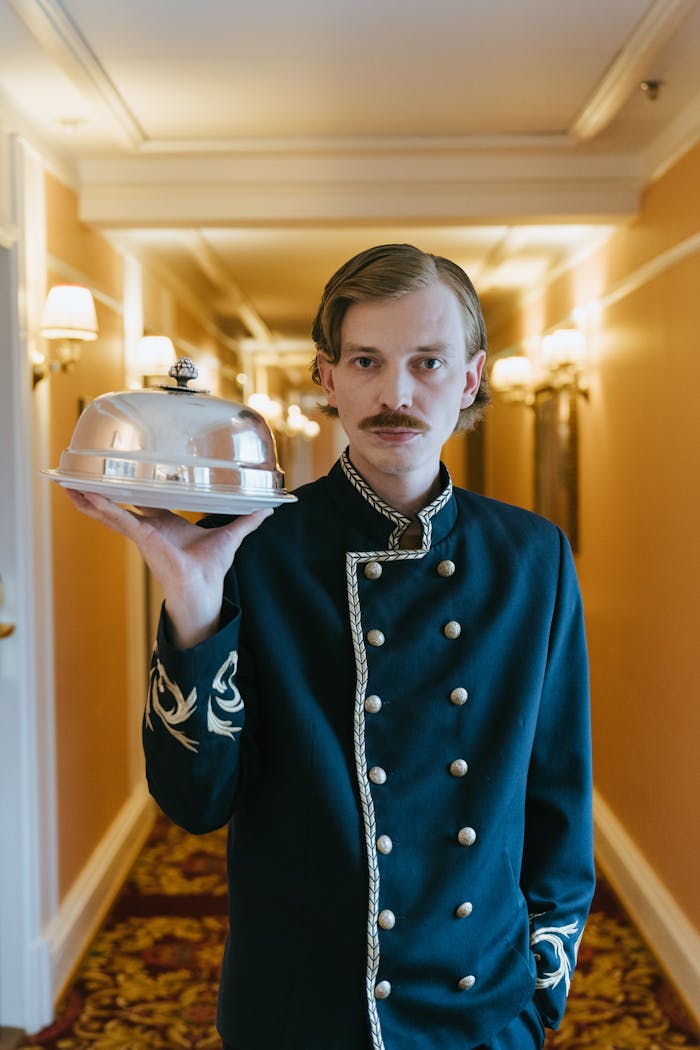 services-02 Hotel staff member in uniform presenting a serving tray in a corridor.