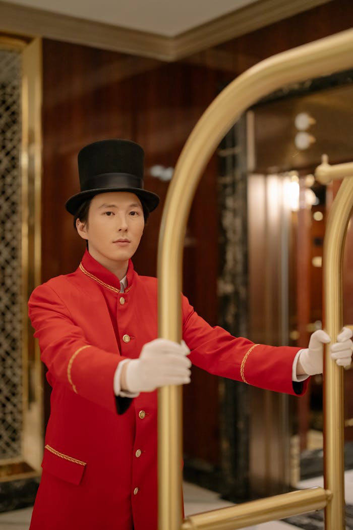 Mastering the First Impression: Your intriguing post title goes here A professional hotel doorman in a red uniform helps guests with a luggage cart in a luxurious lobby.